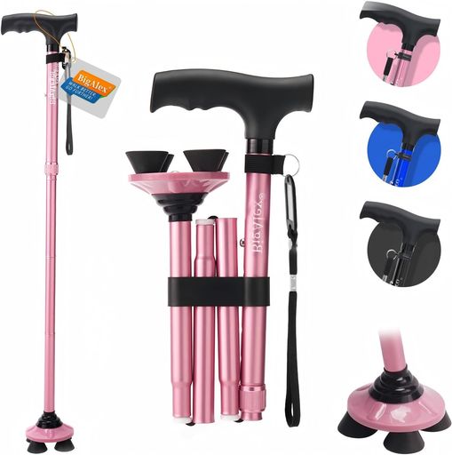 ビグアレクス(BigAlex)折りたたみ杖ステッキ自立杖ピンク女性5段階調節おしゃれ倒れない高齢者介護軽量アルミ長さ調整可能歩行支援母の日父の日敬老の日プレゼント(86-96センチピンク)