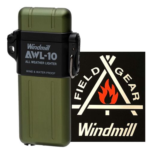 「ALL WEATHER LIGHTER」の頭文字をとったネーミングのAWL-10。耐風・防水などどのような天候でも性能を発揮できるように開発されたガスライター 軽量かつ耐久性に優れたアルミを使用し釣りやアウトドアシーンなどの携帯用として活躍。ウインドミルのロゴステッカー付き 点火機構:電子式 炎の種類:ターボ(内燃式) 本体サイズ:高さ7.4x幅3.9x厚さ1.3CM