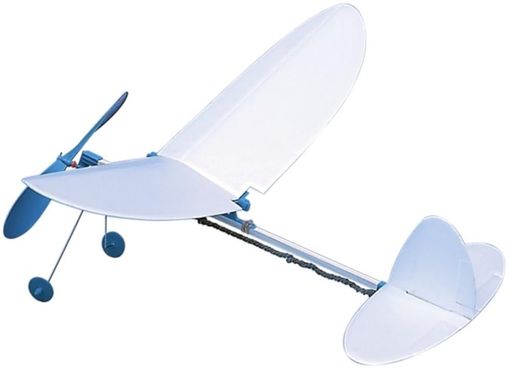 組み立てが必要なゴム動力模型飛行機。別途、木工用接着剤や工具等が必要 入門編 本体サイズ:全長約320mm、全幅約410mm、重量約18g プロペラサイズ:150mm スチレンペーパー翼