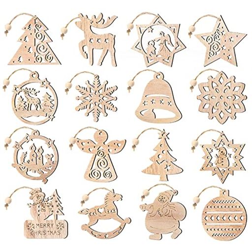 クリスマスオーナメント木製16枚セットクリスマスツリー飾り木製スライス雪の結晶雪だるまトナカイサン..