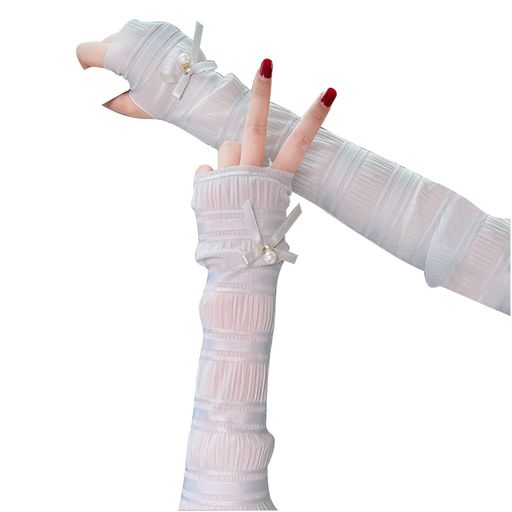 [Tidyworm]アームカバーレディースuvカット手袋ロング指なし冷感グローブリボンパールおしゃれ薄手手袋夏日焼け防止紫外線対策自転車運転通勤(グレー)