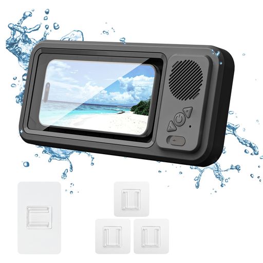 Umimileお風呂スマホ防水ケースBluetoothスピーカー付き壁掛け&マグネット充電式タッチ顔認証IPX5防水角度調整伸縮可能16cm以内スマホ対応PET素材浴室/お風呂ブラック(2)