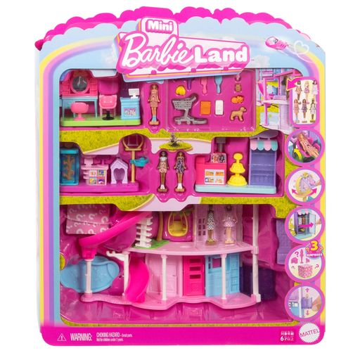 【内容】ミニバービーランドシリーズのドリームハウス(ピンク)とプレイセット3種類(ヘアサロン、スーパーマーケット、ペットショップ)、6体のマイクロドールのセット!ドリームハウスにはすべり台やブランコなどの仕掛けが沢山!付属のペットは開封するまで何が入っているかわからないサプライズ仕様です。プレイセットには各シチュエーションにあわせた小物が充実しています。ミニバービーランドの他ののりものやハウス、プレイセット、マイクロドールを集めて自分のミニバービーランドを作ろう! 【原産国】中国 【対象年齢】6歳~ 【ごっこあそび】ごっこ遊びを通じて、お子様の想像力を育てることで、You Can Be Anything (何にだってなれる)というバービーが届けるメッセージの通り、想像力から将来の夢を描き、将来の“可能性”を広げるサポートをします。 【プレゼントに最適】お誕生日、クリスマスプレゼント、入園・入学祝いなど記念日でのプレゼントにぴったりです。