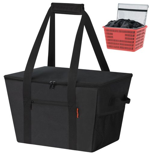 [WOOOOFWOOF]エコバッグ大容量底板付き買い物バッグ巾着タイプ買い物袋蓋付きファスナー付きショッピングバッグ5層断熱取っ手付き折りたたみ持ち運び便利繰り返し使える(ブラック)(4)