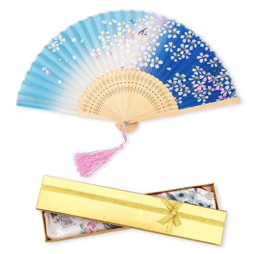 [boshiho]扇子レディースメンズおしゃれ和風シルク扇子竹製花桜お祭り花火大会和小物浴衣着物お土産プレゼント扇子袋ギフト箱付き青色桜