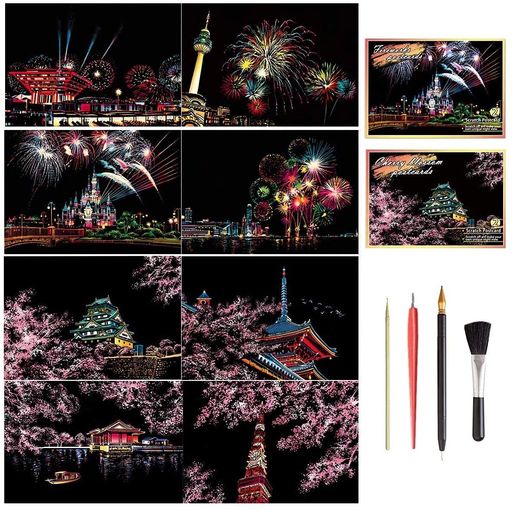 ハート【13点セット内容】:サイズ:20*14cm、パッケージ内容:デザインスクラッチ8枚、スクラッチ極細ペン1本、木製ペン1本、ブラシ1本、スクレーパー1本合計12点です。 ハート【使用方法】:1.付属のスクラッチペンでグレーの下絵を削ります。2.削った部分から、鮮やかなカラーが現れてきます。3.丁寧に下絵を削って行きます。4.全ての部分を削るとアート作品が完成します。 ハート【癒されるDIY時間】:黒い画面の下に鮮やかな絵が隠れて、心を静めてペンなどで描く、美しい色が浮かび上がってきます。達成感を得る同時に、ストレス解消、心も癒されます。独創的なDIY作品を展示できます。 ハート【高品質な材質】環境に優しい材料を使用して作った製品で、安全にお使いいただけます。無地な高品質の紙ですので、絵を削っても破れない、子供たちも安心に遊びます。鮮やかなので、子供の想像力をかき立ててくれるだけでなく、大人の趣味としても楽しめます。 ハート【多用途】"ガリガリ"と削る感覚を楽しみながらあなただけの素敵なアートを体験してみてください。完成した後はがきとして友人に送ったり、フォトフレーム入れてインテリアとして家に飾るにも最適です。