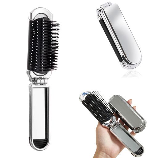 Coollooda折りたたみブラシ鏡付き軽量櫛くしミラー付きレディース静電防止ブラシハンディブラシシルバ..