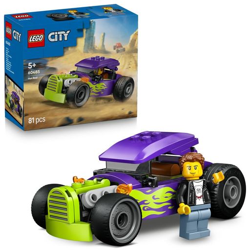ホットロッド レースカー組み立てセット - レゴシティ ホットロッドを組み立てて、付属のミニフィギュアを運転席に座らせたら、たちまち迫力とスリル満点のレースごっこがスタート! クラシックスタイルのモデルカー - 特大のリアタイヤとネオングリーンの炎がアクセントの紫のボディカラーが大胆なホットロッドを組み立てるのに必要なパーツがすべて付属 レースアクションを楽しもう – ホットロッドレースカーの屋根を開けて、ドライバーミニフィギュアを運転席に座らせ、空想のストーリーでハイスピードレースを楽しめるセット 楽しい組み立ての世界 – 手順がひと目でわかるLEGO Builderアプリは、ご家庭にあるセットのデジタルカタログ作りに役立つほか、立体表示されるモデルを拡大・回転して手順を確認しながら組み立てを進め、進行状況も保存できます 5才以上のお子さまへのギフト – 車遊び、手を使ったクリエイティブな組み立て、空想のごっこ遊びが好きなお子さまに楽しさを贈るのりもの組み立てセッ