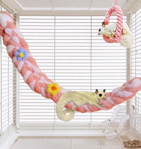 Supplies - モモンガ&インコ&小動物遊び場おもちゃ2点セットフクロモモンガケージブランコ吊り玩具ロープ爪研ぎ10秒取付・水洗可綿ロープインコ用パーチ(pink)