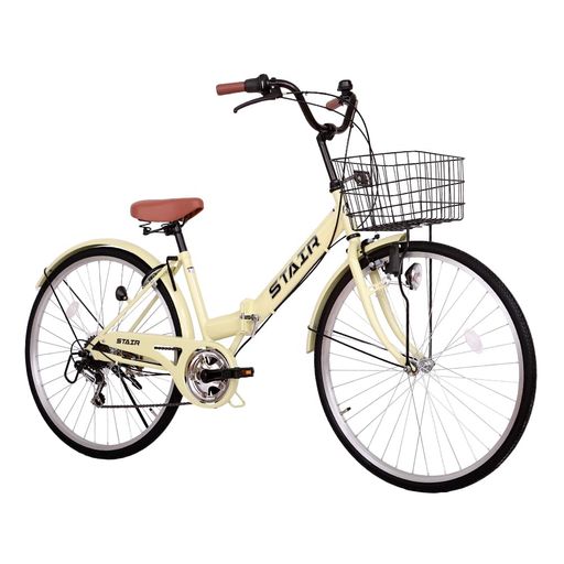 シティサイクル折りたたみ自転車26インチ折りたたみシティサイクルシマノ6段変速自転車ママチャリカゴ・ロックリング錠・ダイナモライト付(アイボリー)(4)