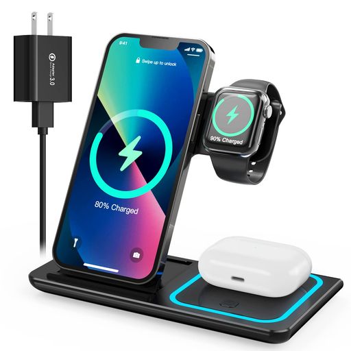 【最新3in1ワイアレス充電器】X455は最新の3in1充電器です、QC3.0充電アダプター付き、同時にスマホ、AirPods、iWatchを充電できます。夜モードもあります、寝ている間にデバイスを安全に充充電して、自由にオン/オフを切り替わます、夜でも使いやすいです。 【急速充電、多種保護】最新の磁気コイルを採用して、従来の充電器と比べて20%性能が向上しました、約2-3時間で充満できます。。それだけではなく、異物識別、電流保護、過熱保護等優れた機能を搭載して、急速充電の同時に、全方位にあなたとお使いスマホを守ります。 【ケースをつけるまま】1サイズ大きいPro MaxやPlusでも楽に乗せられます、ほとんどのスマホケースを付けるままに置くだけでスマートフォンを充電することが可能です。(※5mm以下の厚みの場合に限ります。また金属製や磁気を帯びたケースおよびクレジットカードは、充電前に取り外してください)。 【携帯便利、広い交換性】折りたたみ式を採用して、持ち運ぶはとても便利です。