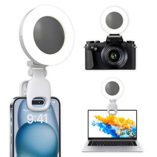 「2024年新型・小型兼用女優ライトミラー」LEDリングライト自撮りライト撮影用ライトスマホリング3色モード9段階の調光USB充電式360°回転クリップ撮影照明化粧美肌ビデオvlog/動画/料理撮…