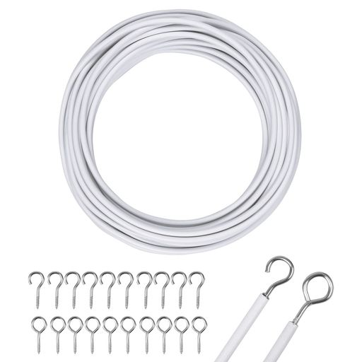 フック付きカーテンワイヤー10mホワイトプラスチックコートウィンドウカーテンワイヤー写真吊り下げワイヤ20個のアイフックと20個のフック付きホワイトカーテンワイ...