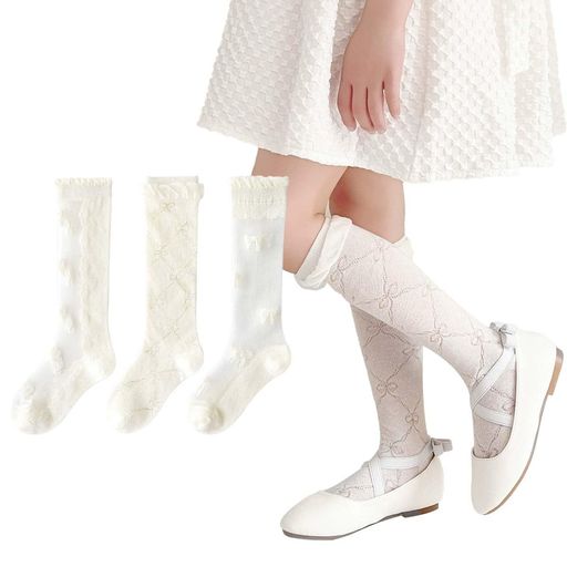 High Socks - [ANNGEBALY]キッズ靴下ガールズカーフソックス白3足セット女の子ハイソックス可愛いリボンウボン子供ガラス糸靴下薄型メッシュ通気フォーマル服用通園通学綿(JPアルファベットMガラス糸白)