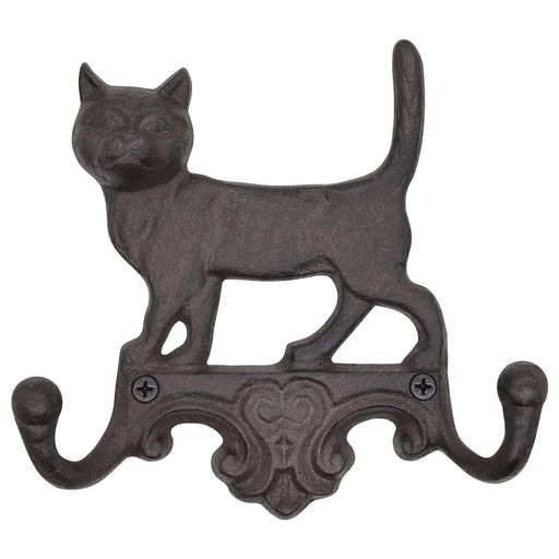 RIXIGOOD壁掛けフック猫鋳鉄製アンティーク調ウォールフックおしゃれかわいい動物高耐久ダブルフック鍵バッグコート帽子服玄関庭ベランダ壁収納装飾ウォールハンガーブラウン1個入