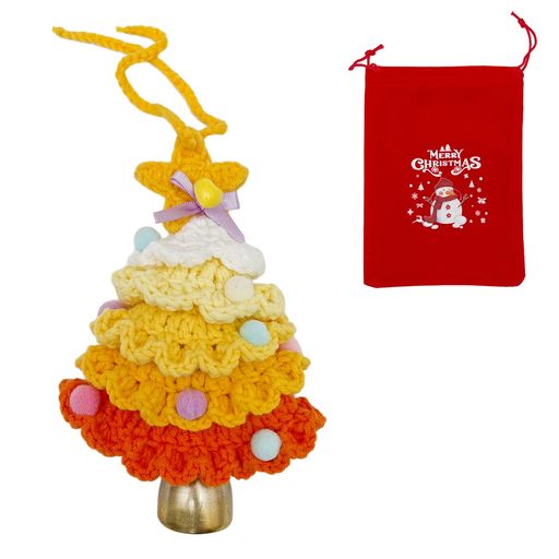 NazyJnn手編みクリスマスツリーオーナメントベル付き1個カラフルミニツリーかぎ針編み吊り下げ飾り車内ドアベル飾りギフト対応収納袋付き