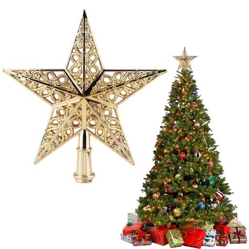 LNJLQWクリスマスツリー用金色の五角形スター15cmクリスマスオーナメントデコレーション1個入り-ホリデー飾りおしゃれなクリスマス飾り透かし彫りですツリー・トップ星