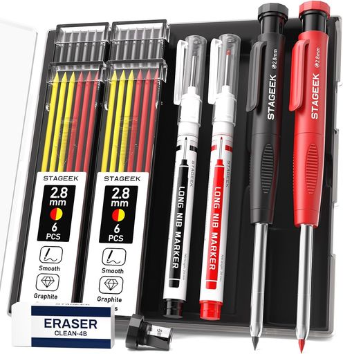 STAGEEK建築用シャープペンシル2.8mm2本セット3色シャー芯付き(24本)高耐久大工用マーキング(黒い、赤い、黄色替え芯)