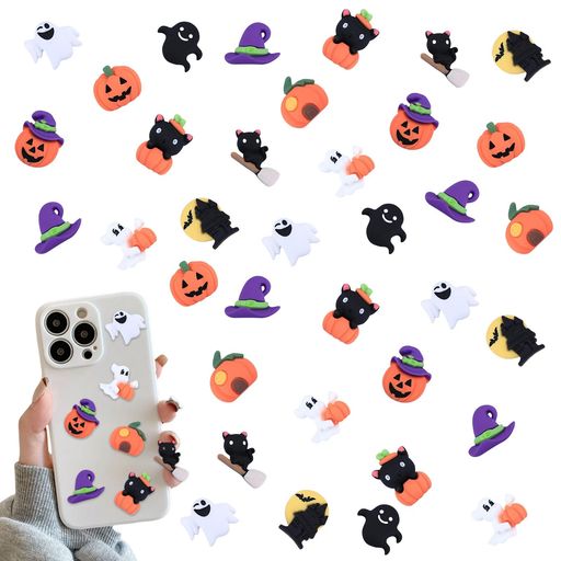 ハロウィンデコパーツ30個セット3D立体可愛いカボチャおばけ猫魔女の帽子DIY材料携帯ケースアクセサリ..