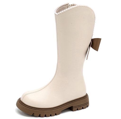 DADAWEN(ダダウン)ロングブーツ女の子長靴裏ボアリボン飾りジッパー付き歩きやすい子供秋冬ブーツベー..