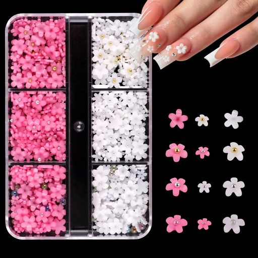 ネイルパーツ白とピンクの花1ケース入り可愛い大きいネイルパーツストーン3D立体リボンデコパーツ蝶結..