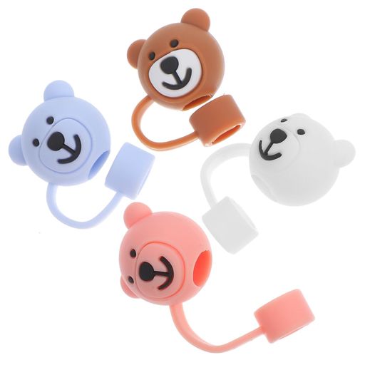 Healevedかわいいクマのストロー4個パックシリコンストローキャップウォーターボトルトッパープロテク..