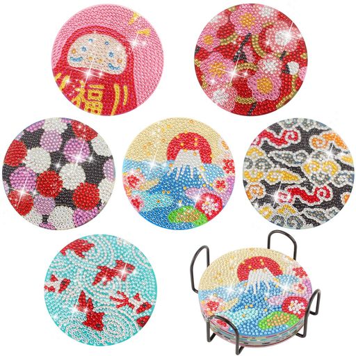 LUCKYBEEダイヤモンドアートキット和風ペインティング塗装コースター6個セットホルダー付きDIY5Dアートキットダイアモンドビーズ滑り止めコースター樹脂手作り初心者、子供、大人用アー…(3)