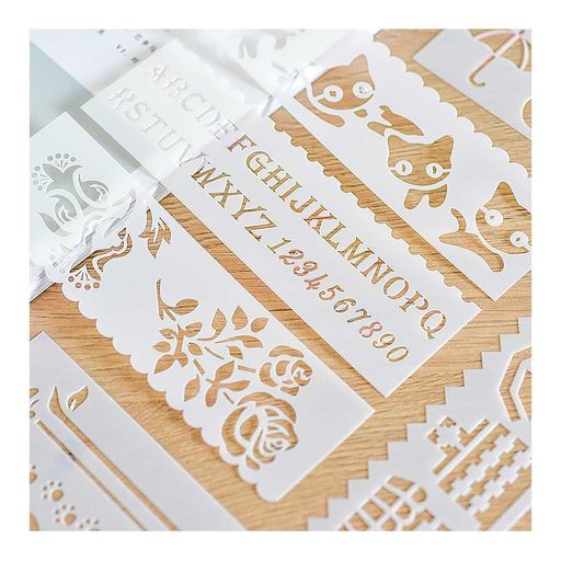 ステンシルシート32枚セットアルファベット数字テンプレート種類が多い文字動物花建築車手帳テンプレー..