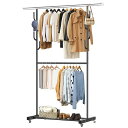 VICERIIハンガーラック多機能収納おしゃれ洋服ラック衣類収納頑丈防サビキャスター付き洋服掛け(ブラック二重式)