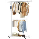 VICERIIハンガーラック多機能収納おしゃれ洋服ラック衣類収納頑丈防サビキャスター付き洋服掛け(ホワイト二重式)