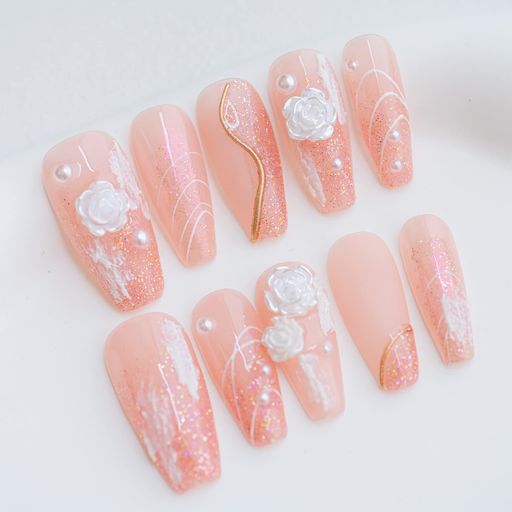 Sun&BeamNails手作りネイルチップミディアムロングバレリーナ緑グリーン蝶花人気3Dおしゃれ可愛いデザインつけ爪付け爪収納ボックス付き10枚入(S#02豪華なピンク)