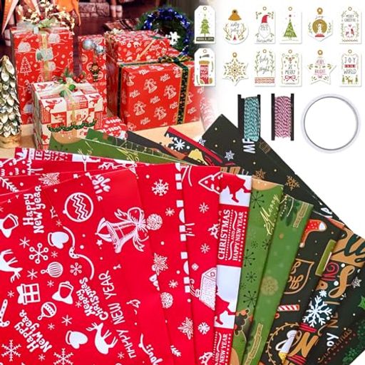 【12枚入り】ラッピングペーパークリスマス包装紙50x70cm大判ラッピング贈答MerryChristmas梱包材プレゼントラッピング用品赤緑クリスマスプレゼン...