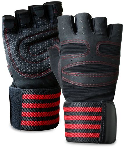 ACEFITSトレーニンググローブウェイトリフティングジムグローブ筋トレ手首固定リストラップ付きレッドM