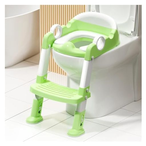 ステップスツールはしご付きトイレトレーニング便座男の子と女の子用、ハンドル付き幼児用トイレトレーニングシート、高さ調節可能、滑り止めワイドステップ(COLOR:GREEN)