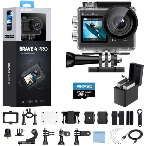 【40M防水カメラ&amp;170°調整可能広角】いろんな使用環境を対応できるために、AKASOBrave4Pro水中カメラは緻密に設計された防水防塵や耐衝撃性能も備えた堅固な防水ケースが付属されております。最大40メートルの深さまで撮影でき、ダイビングなど深く潜る撮影に適しています。また、調整可能な170度広角レンズを搭載しており、より幅広い画角が得られて、より臨場感のある映像を撮影できます。あたかも目で見ているかのような景色や光景を映像に残せます。 【高画質4Kアクションカメラ&amp;タッチパネル式】AKASOBrave4Proアクションカメラは高精細な映像を撮影できるプロの4K/30fpsを搭載しており、拡大しても粗さが目立ちにくく、静止画もきれいに切り出せます。高画質の録画をお手軽に楽しめます。高性能ソニーセンサーを搭載しておりますので、20MPの高品質な写真を記録できます。また、2.0インチタッチパネル式液晶画面を採用して、直感的に素早い設定変更ができ、物理ボタン式より使いやすいです。デュアルカラースクリーンを搭載しており、撮った映像をいつでもすぐに確認できます。