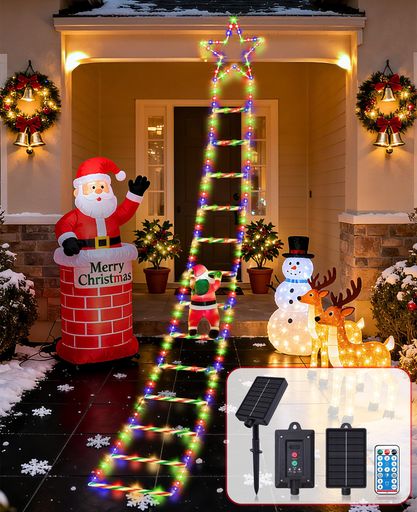 &#128161;&#127877;&#127996;【クリスマス飾りライト・ユニークな五芒星デザイン】このクリスマス飾りライトは高さ3mのロープのはしご、独自の発光機能を備えた五芒星デザインと取り外し可能なサンタクロースで構成されたユニークなデザインのソーラーイルミネーションでドアや壁などに掛けて楽しむことができ、クリスマスの雰囲気を盛り上げる欠かせないアイテムです。 &#128161;&#127877;&#127996;【8種類の点灯モード・記憶可能・自動点灯・消灯】2025冬新登場クリスマスledライトは8種類のライトパターンがあるので、常時点灯や点滅を楽しめ、雰囲気やお好みに合わせて明るさを変更できます。モード記憶機能により、電源を切っても前回の設定を保持します。電源はソーラー発電で、しかも明暗でオン・オフが、自動で手間要らずです。クリスマスツリーオーナメントとしても最適で、庭やオフィス、ショッピングモールなどのクリスマスインテリアにぴったりです。このライトで心温まるクリスマスのひとときを演出しましょう。