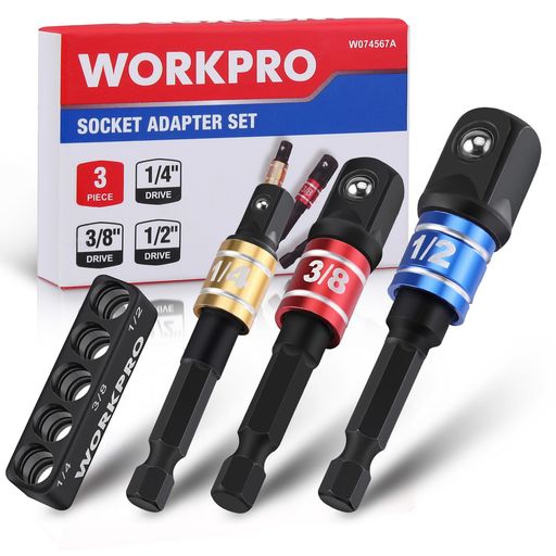 【ソケットアダプター内容】WORKPRO インパクトグレードソケットアダプター3本組です、軸径6.35mm(1/4”)の六角軸シャンク。 差込角 6.35mm(1/4")・9.5mm(3/8")・12.7mm(1/2") 各1本(全長65mm&amp;65mm&amp;72mm)。収納ホルダー付き。 【カラーアルミリングデザイン】カラーアルミリングを採用し、3色でサイズを色分けし、サイズが一目でわかります。異なるカラフルなリングが区別するのに役立ち、整理整頓がしやすく、作業効率を向上させます。 【優れた材質】高品質な鋼製を使用して、耐摩耗性と耐久性に優れ、高硬度と良い延性を持っています。電動ドライバーや電動ドリルの先端に取り付けることによって、各差込サイズのソケットを使用して、ボルトとナットの着脱作業に対応できます。 【効率的&amp;快適性】 面取りされたエッジとスプリング圧ボールロック機構により、ソケットがしっかりと固定され、使用時の快適さが向上します。これにより、疲労感を減らし、高い効率で力を伝達できるため、自動車などの修理作業がよりスムーズに行えます。
