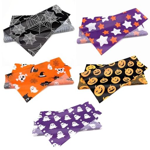 PAVIKEハロウィンラッピングペーパー【5種類50枚セット】包装紙ホリデーラッピングペーパープレゼント包装ギフト包装紙蜘蛛の巣、カボチャなどの模様、ハロウィン...