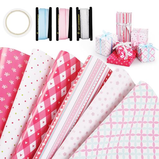 WD&CD包装紙ラッピングペーパーセット厚手大判包み紙可愛いハート柄ギフト包装誕生日バレンタイン母の日卒業式花プレゼントラッピング用品プレゼントテープリボン付き折りたたみ梱包(…
