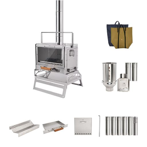 3FULGEAR薪ストーブペレット兼用34*23*30.5cm154cm煙突付き11インチ窓V型カーボンベッド二次燃焼両側ド..