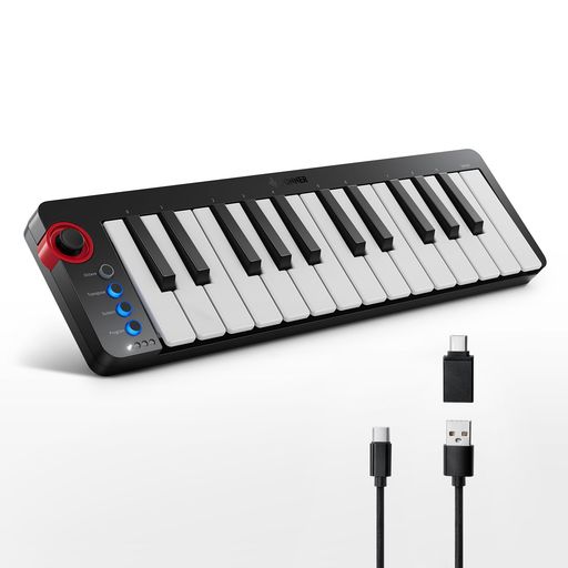 ⚡️【ベロシティにも対応鍵盤】Donner N-25はシンプルなボタンパネルとフルサイズセミウエイト25鍵を備えたベロシティ対応USB MIDIキーボードコントローラーです。広い演奏音域で、パフォーマンスの微妙なニュアンスをキャプチャするために必要なすべてが備わっています【お客様満足のため】使用上や品質問題、アフターサービスなどにご質問がある場合、説明書のDonnerメーカー情報までご連絡ください ⚡️【シンプルな使い心地】Donner N-25はコード、オクターブ、トランスポーズ、サステインなどの機能を搭載、さらにprogrammable banksには、お使いの楽器のプログラムあるいはサウンドを変更することができます。ダンパー・ペダル接続用端子も搭載して、豊富な機能に合わせて表現豊かな演奏、操作を実現できます ⚡️【場所を問わず音楽を作れる】Donner N-25のサイズは33.9*9.7*3.3cmで、重さはわずか45gです。いつでもどこでもインスピレーションを記録することを簡単にします。ミニサイズのデザインは、コンパクトで持ち運びに便利。
