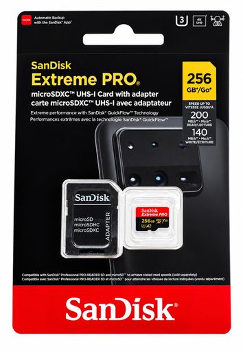 microSDXC 256GB SanDisk Extreme PRO SDSQXCD-256G-GN6MA R:200MB/s W: 140MB/s UHS-I U3 V30 4K Ultra HD A2 Compatible with SD