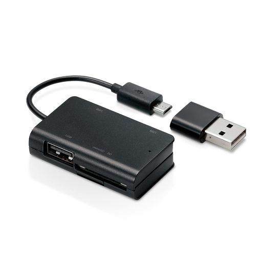 スマートフォンやタブレットにそのまま接続できるUSB[microB]コネクタを装備したメモリリーダライタです。 パソコンにも接続できるUSB[A]変換コネクタがついています。 USBホスト機能に対応したスマートフォンやタブレット、もしくはパソコンで、各種メモリーカードのデータを読み書き可能です。 USBメモリなどからのデータ転送、マウス・キーボードなどのUSB入力機器の接続ができるUSBポートが3ポートついています。 デジカメで撮影した写真や、パソコン、USBメモリ内の画像を、その場でスマートフォン・タブレットに転送でき、画像の確認、SNSへのアップロードなどができます。