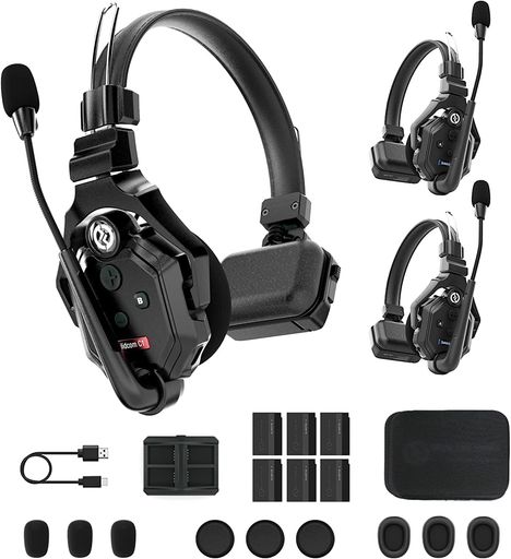 Hollyland Solidcom C1-3S ワイヤレスインカム 3人用 全二重無線インターホン ヘッドセットシステム 1.9GHz ワイヤレスインターカム 350m伝送距離 170g 軽量 コンパクト クリアな音質 子機も増設可能