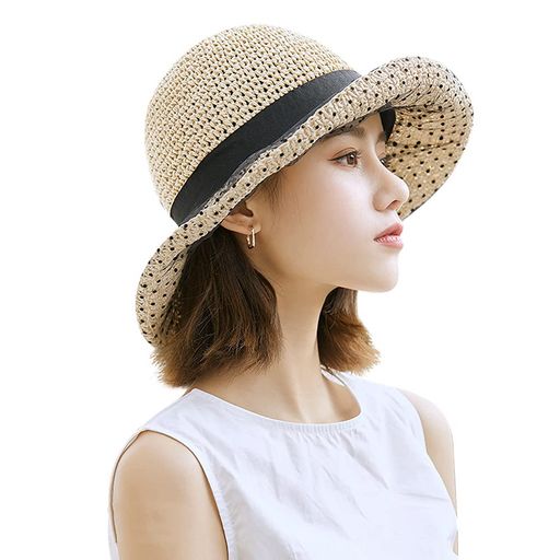 [XGOPTS]麦わら帽日除け付き帽子レディース夏涼しいエレガントドットメッシュ軽薄通気広つば編みサンキャップ女の子透かし折りたたみUVカット小顔ビーチハット携帯便利お出かけ山登海…