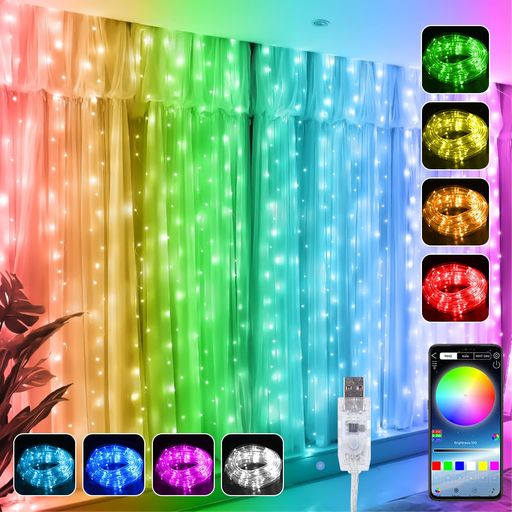 LED イルミネーションライト カーテン 1600 万色フェアリーライト 3x3m 300 個LEDs クリスマスライト USB 給電 窓飾 IP65 防水仕様 アプリケーションとリモコン付き210 の点滅モード 音楽と同期し…