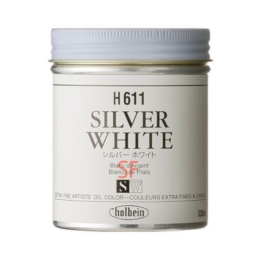 型番:H611 内容量:330ml カラー:シルバーホワイト 油絵具ホワイトの一種 塗面は非常に丈夫で下書きに使用すると上に重ね塗りした絵具の定着もよく亀裂がはいることもない