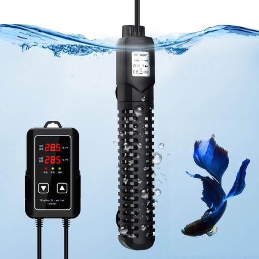 HUIZHOU 水槽 ヒーター オートヒーター,LED ディスプレイ,温度15度~34度可調節, 省エネ 防水 ヒーター, 縦横設置,石英防爆ガラス セーフカバー 吸盤付き, 熱帯魚 観賞魚 淡水海水両用 (300W)