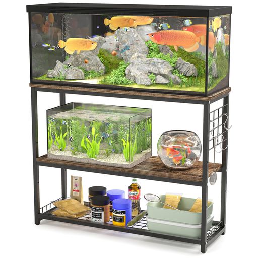 DEWEL 水槽台 幅90cm 水槽棚 水槽スタンド 90cm水槽用 組立式水槽台 ラック ウッドデコスタンド 三段式 中棚板高さ調整 フック付き 総耐荷重約120kg 頑丈 錆びにくい シェルフ アジャスター付…