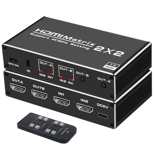 【HDMIマトリックス4x2】この4入力2出力HDMIマトリックスは、4つの4K HDR信号元を2つのHDディスプレイまたはモニターに接続できます。また、Toslink SPDIF光ファイバーまたは3.5mm音声出力でHDMI入力音声信号を抽出できます。HDCP 2.2、HDMI2.0b、4K @ 60HZ、RGB 8:8:8、4K HDR、ARC HIFI、EDID2.2をサポートしています。この4x2 HDMIマトリックスは、リモコンで制御することもできます。 【HDMIビデオ形式】4K @ 60Hz、4K HDR、ARC HIFI、3840x2160@ 60Hz、Ultra HD、3D、RGB 8:8:8。18Gbpsのデータレートと最大600MhzのTMDSクロックをサポートします。ディープ色8/10/12/ 24/32/48ビット、HDMI音声抽出および設定可能をサポートします。 【EDID 2.2設定】1つの3.5mm ポートと1つの光学Toslink音声出力を備えたHDMI マトリックス4x2は、LPCM /Dolby/ DTS 5.1CHとEDID 2.2管理をサポートします。